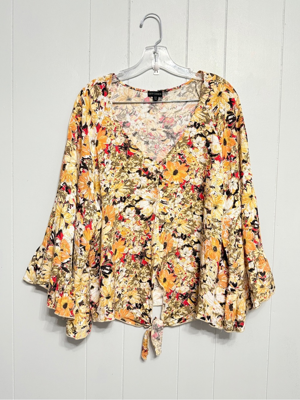#12)  Coco + Carmen Yellow Floral V-Neck Tie-Front Blouse